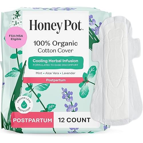 The Honey Pot Company - Herbal Postpartum Pads w/Wings - Infused w/Essential Oils for Cooling Effect, Organic Cotton Cover, & Ultra-Absorbent - Feminine Care - 12ct