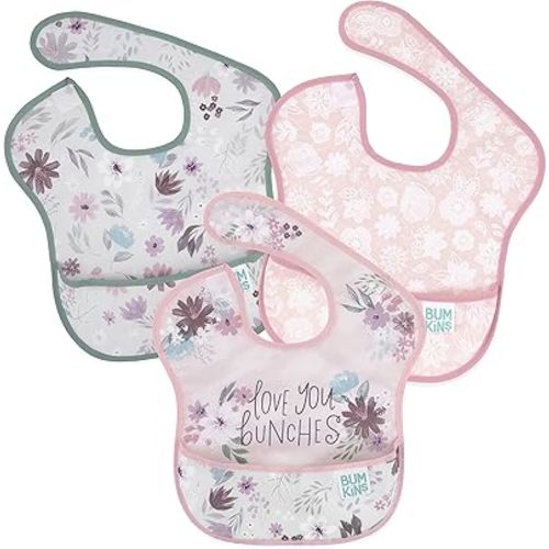 Bumkins Bibs for Girl or Boy, SuperBib Baby and Toddler for 6-24 Months, Essential Must Have for Eating, Feeding, Baby Led Weaning Supplies, Mess Saving Catch Food, Fabric 3-pk Floral and Lace