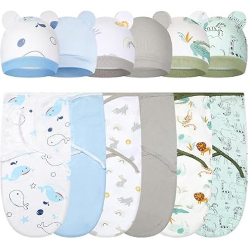 Ramede 6 Pack Baby Swaddle Blankets with Hats,Whale,Blue and Green