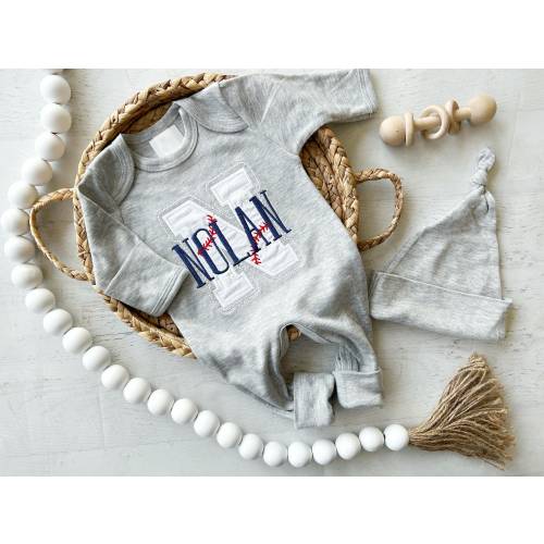 Personalized baseball baby footie, embroidered baseball baby outfit, baseball romper for baby, custom name baby outfit, navy