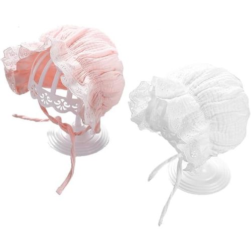 2PCS Baby-Sun-Christening-Hats - Soft Pink+White Bonnet Hat for Boys & Girls 3-12M, Newborn Soft Seersucker Summer Hat