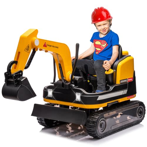 JOYLDIAS 360 Degree Rotating Ride On Excavator and Bulldozer,12V12AH Battery Powered Ride On Toy Backhoe W/Track Design Wheels for All Terrain,Remote Control,MP3,Toolbox for Kids,Parent,Yellow