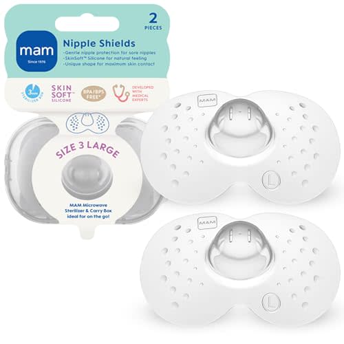 MAM Nipple Shields for Breastfeeding Large 23mm, 2 Pack | Ultra Thin Silicone Shield For Latch Assist, Protects Sore Or Flat Nipples, SkinSoft Surface, With Sterilizing Case, BPA Free