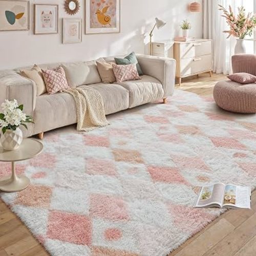 PureCozy Checkered Rug 9x12 Fluffy Shag Living Room Pink Area Rug Modern Washable Carpet Soft Shaggy Non Slip Indoor Plush Fuzzy Rugs for Bedroom Dorm Office Home Aesthetic Decor