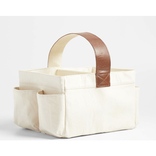 Canvas Diaper Caddy Organizer with Brown Leather Handle
