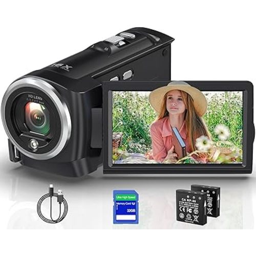 2.7K Video Camera Camcorder QHD 50MP YouTube Vlogging Camera 16X Digital Zoom Webcam 270 Degree Rotation Screen Camcorders with 32G SD Card and 2 Batteries Recording While Charging