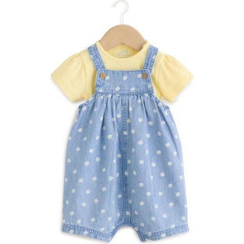 Daisy Print Denim Overalls & Cotton Pointelle Bodysuit Set