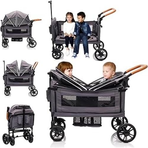 Wagon Stroller for 2 Kids & Cargo-Push-Pull Double Baby Wagon Lightweight Travel Folding Stroller for Toddler with 5-Point Harness,Adjustable Handle Bar and Canopy,Tray Table,Cup Holder(