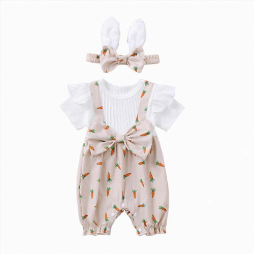 CAICJ98 Newborn Baby Girl Easter Outfit Bunny Short Sleeve Bubble BunnyRomper Bow Shorts Jumpsuit Infant Summer Clothes (Beige,6-9 Months)
