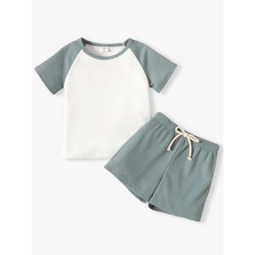 PatPat Toddler Boys Clothes Baby Boy Outfit Sets Kids Waffle Color Block Raglan Sleeve Tee & Solid Shorts Set,2-Piece, Blue,3T
