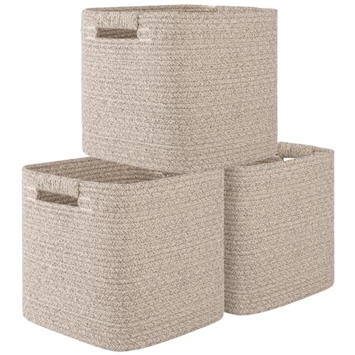 OIAHOMY Storage Cubes 11 Inch Storage Bins-3-Pack, Cotton Rope Woven Baskets for Organizing, Square Storage Baskets for Shelves Organizer, Classroom, Kids Toy Bins, Closet, Baby Nursery-Brown