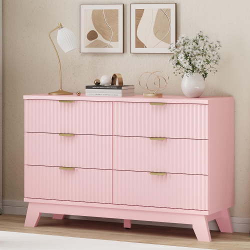FANRAL 6 Drawer Dresser Fluted Dresser for Bedroom,Wooden Chest Of Drawers Modern Dresser for Closet,Pink Dresser
