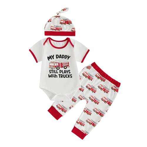 Newborn Baby Boy Outfits I’m Going Firefighting With Daddy Fire Truck Romper Pants Set Firefighter Clothes 3PCS