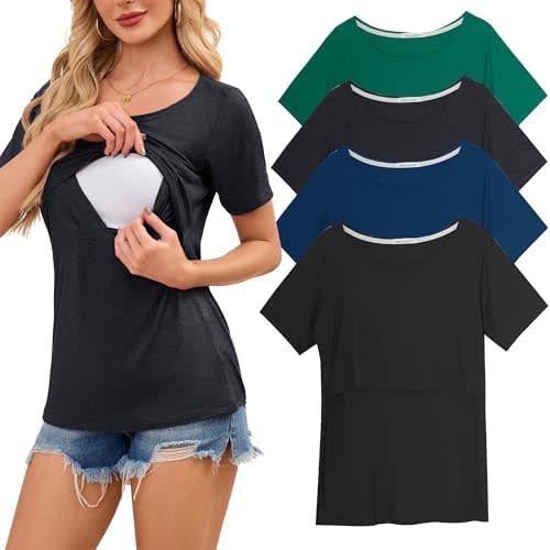 Smallshow Women's Nursing Tops Ribbed Short Sleeve Breastfeeding Shirts 4 Pack