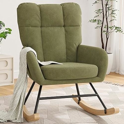 Nursery Rocking Chair Upholstered, High Backrest Glider Rocker Accent Chair with Padded Removable Cushion Comfy Nursing Chair for Living Room Bedroom Office, Green