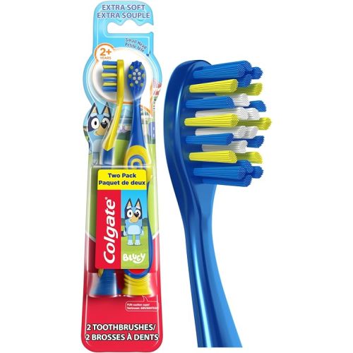 Colgate Bluey Extra Soft Toothbrush for Kids, Kids Toothbrush Pack with Built in Suction Cup Toothbrush Holder, Designed for Children Ages 2 and Up, Extra Soft Bristles, 2 Pack