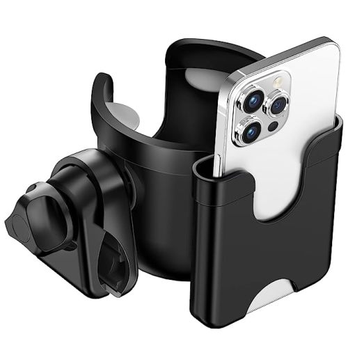 Guiseapue Stroller Cup Holder with Phone Holder, Universal Bottle Holder for Wheelchair, Walker, Bike, Scooter, Stroller Accessories for Uppababy, Nuna, Bugaboo, Doona, Gifts for Women, Mom, Men - Black