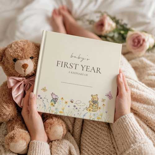 Bear Baby Book First Year, Newborn Milestone Photo Album with Wildflowers, Keepsake Memory Journal, New Baby Gift