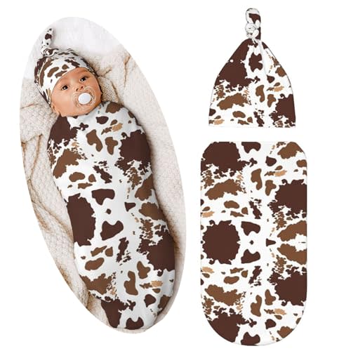 Cow Print Brown Newborn Swaddle Blanket Baby Stuff Baby Swaddling Blanket with Beanie Set Soft Sleeping Sack for Unisex Girls Boys