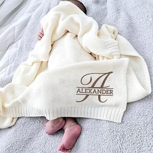 Luxury Personalized Knit Embroidered Baby Name Blanket Custom Embroidered Monogrammed Cotton Nursery Blanket Gifts for Newborn Baby Boy and Girl Newborn Holiday Shower Gift Cotton Knit Stroller 1