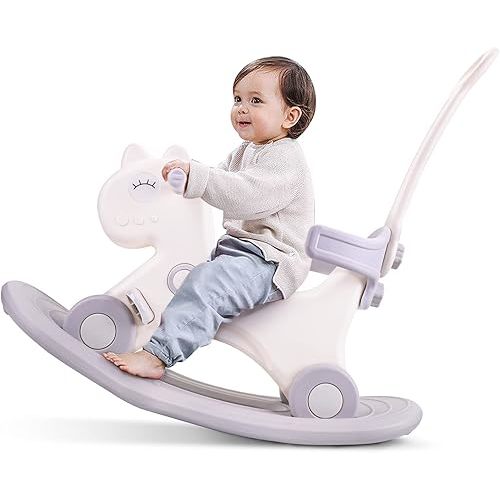 4 in 1 Rocking Horse for Toddlers 1-3 Years Old, Baby Rocking Toy Fun Birthday Gift for 1+ Kids, Ride on Toy with Detachable Balance Board and Footrest,Balance Bike with Push Handle,White