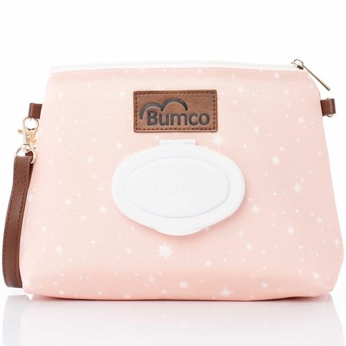 Bumco Portable Diaper Clutch Bag with Built-In Baby Wipes Dispenser | Airtight refillable wet wipes dispenser container. Portable travel pouch holder for quick baby cleanups on the go.