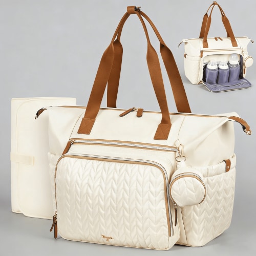 Large Waterproof Diaper Bag Tote with Changing Pad & Pacifier Case, Travel Baby Bag for Labor Delivery Hospital, Beige