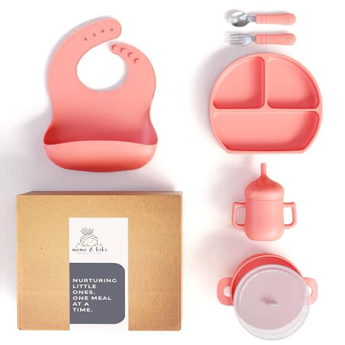 mimi & kiki BPA-Free Silicone Baby Feeding Set, Baby Plates and Bowls Set, Baby Led Weaning Supplies, Silicone Suction Plate, Baby Utensils, Bib and Cup, Self Feeding, Dishwasher Safe (Pink)