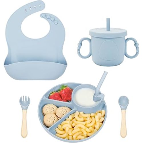 Silicone Baby Feeding Set, Baby Led Weaning Supplies, Silicone Suction Plate, Bowl, Spoons, Fork, Waterproof Bib, Cup and Food Tableware, Eating Utensils Baby Feeding Essentials for 3+ Months