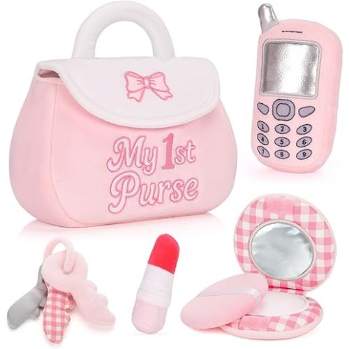 My 1st Purse Plush Toy Set – 5 PCS Sensory Toddler Purse for Little Girls Including Phone, Lipstick, Keys & Mirror, First Birthday Gift for Baby Toddler Girl Ages 1-3 (Pink)