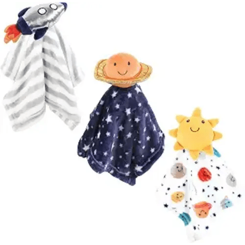 Hudson Baby Unisex Baby Animal Face Security Blanket, Happy Planets 3-Pack, One Size