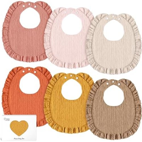 6 Pack Muslin Baby Bibs for Girls Boys, Drool Bibs with Ruffle Trim, Orange
