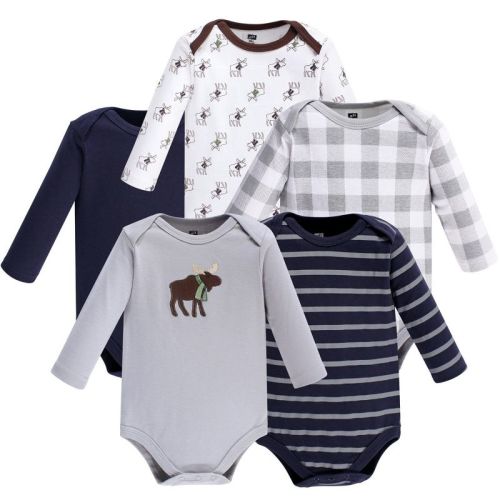 Hudson Baby Basics Infant Boys Cozy Long Sleeve Bodysuits 5-Pack, Woodland Gray, 9-12 Months