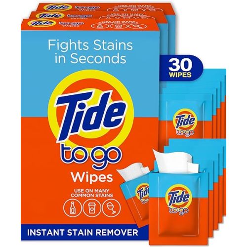 Tide To Go Stain Remover Wipes for Clothes, Instant Laundry Travel Stain & Spot Remover, 3 Pack, (30 Wipes Total)