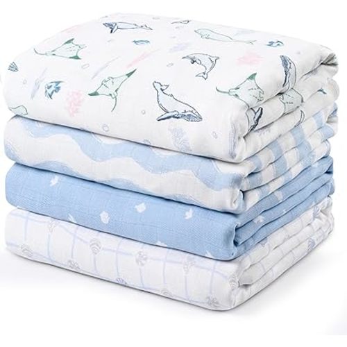 GLLQUEN BABY Muslin Swaddle Blankets 4-Pack Breathable Receiving Blankets (35" x 40") Soft Baby Blankets for Girls and Boys Newborn Essentials Muslin Burp Cloths Swaddle Wrap Baby Gift(Ocean Whimsy)
