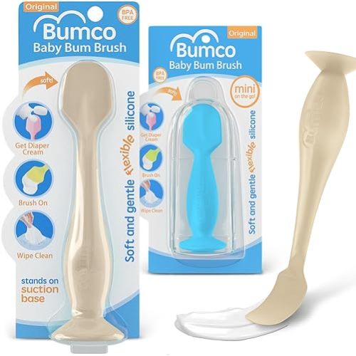 Baby Bum Brush + Mini Baby Diaper Cream Spatula with Case - BPA-Free Silicone Diaper Spatula with Suction Cup, Wipe-Clean, Mom-Invented Butt Paste Applicator (Sand & Blue)