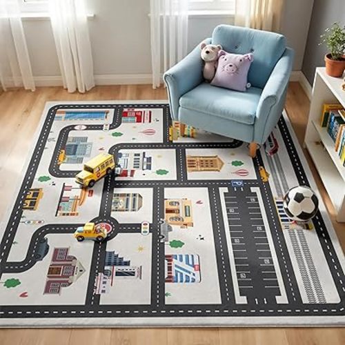 4x6ft Kids City Road Car Play Rug - Non-Slip Faux Wool Carpet with Interactive City Map Design, Educational Toy Vehicle Mat for Kids, Bedroom Playroom Nursery Gift.