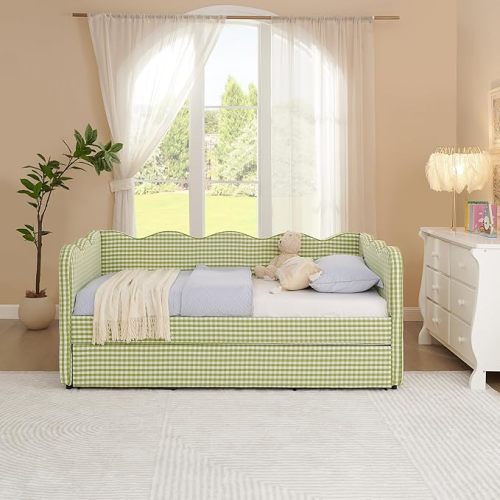 Cozy Gingham Daybed with Trundle Twin Size Sofa Bed No Box Spring Needed, with USB Port and Adorable Wave Shaped, Linen Fabric, Navy (Green)