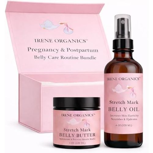 Belly Bundle by Irene Organics - Organic Belly Butter and Oil for Pregnancy Stretch Mark Prevention and Treatment - Award Winning Skincare For Pregnancy and Postpartum - Mother's Day Gift Set (Small)