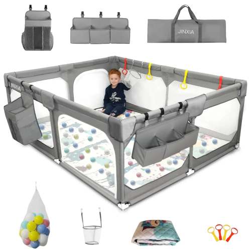 Extra Large Baby Playpen with Mat – 75"x59" Baby Fence with Storage Bag, Ocean Balls, Net Basket & Organizer, Non-Toxic & BPA-Free, Safe No-Gap Design
