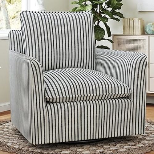 INZOY Swivel Accent Square Chair with Thick Padded Backrest Cushion, Swivel Reading Chair for Living Room Bedroom Small Spaces, Blue Stripe