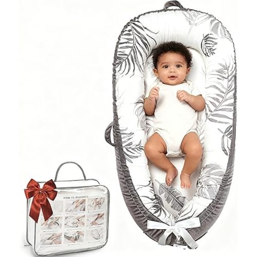 Baby Lounger-Breathable and Soft Organic 100% Cotton, Portable Infant Lounger with Removable Lounger Cover, Baby nest Lounger for Newborn - Grey Leaves