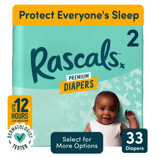 Rascal + Friends Premium Diapers Size 2, 33 Count - Leak Protection, Dermatest Certified, Vegan, 12 Hour Protection