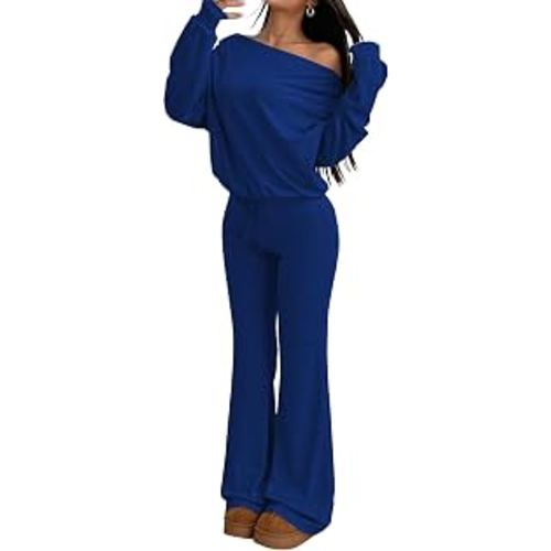 Nimsruc Off The Shoulder 2 Piece Sets For Women Fall Matching Lounge Set | Soft stretch fabric,loose long sleeve top and wide leg pant comfy all day long,Ideal for daily wear,home relax & street look.