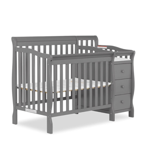 4‑in‑1 Mini Convertible Baby Crib & Changer with Storage, Steel Grey, Pinewood, GreenGuard Gold & JPMA, 1” Mattress Pad, 3 Mattress Heights, Converts to Mini Day & Twin-Size Bed