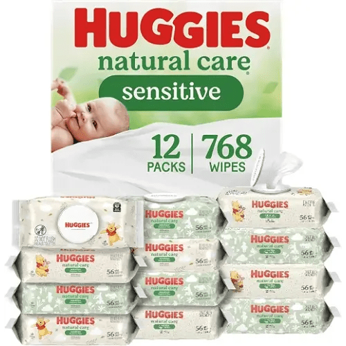 Huggies Natural Care Sensitive Baby Wipes, Unscented, Hypoallergenic, 99% Purified Water, 12 Flip-Top Packs (768 Wipes Total), Packaging May Vary