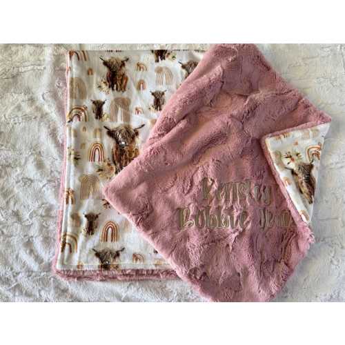 Personalized Floral Highland Cow Baby Blanket Baby Minky Blanket Cute Boho Rainbow Highland Cow Lovey Western Cowgirl Rodeo Blanket Floral