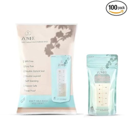Zomee Breast Milk Storage Bags 8oz – Leakproof Double-Zip Seal, Self-Standing, Easy-Pour Design, Freezer Safe, Pre-Sterilized, BPA & Phthalate Free – Bulk Pack of 100