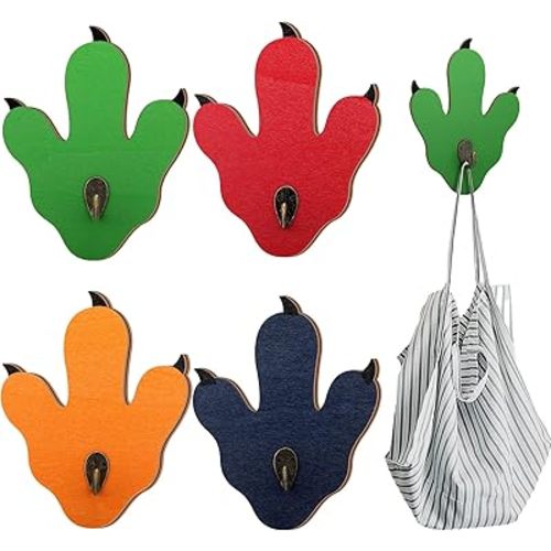 Honeydak 4 Pcs Wood Dinosaur Footprint Hooks Dinosaur Claw Wall Hooks Decor Coat Hanger Dino Bathroom Bedroom Nursery Decor
