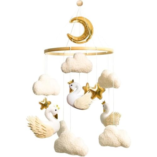 Golden Swan Nursery Mobile with Crescent Moon, Stars & Fluffy Clouds - Soft Plush Baby Crib Hanging Decoration for Boys & Girls Room